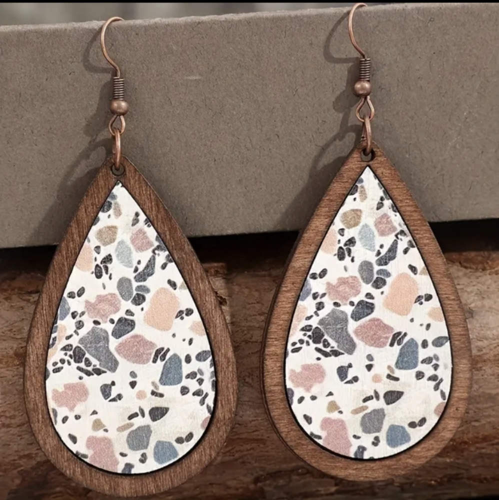 Brand New Wooden Drop Earrings with Colorful Stone Accents